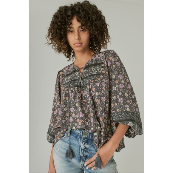 Lucky Brand Bohemian Hippie Retro 70s Lace Up Peasant Blouse Size Large - Picture 14 of 15